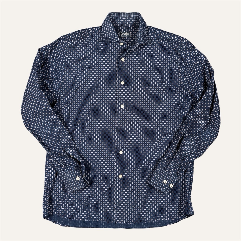 Gitman Bros Button Down Shirt Mens M Navy Blue Geometric AOP USA Made